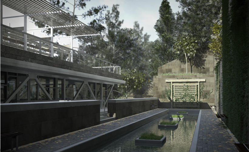 render-1- back terrace and reflecting pool